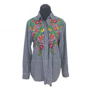 Zara Basic Floral Embroidered Long Sleeve Checkered Button Down Shirt Size S